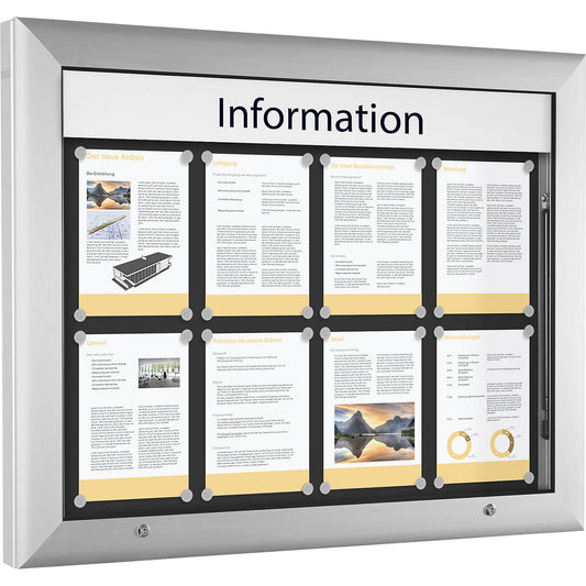 Display case for indoor and outdoor use, landscape format, for A1, door opens upwards 90°, rear panel colour charcoal.