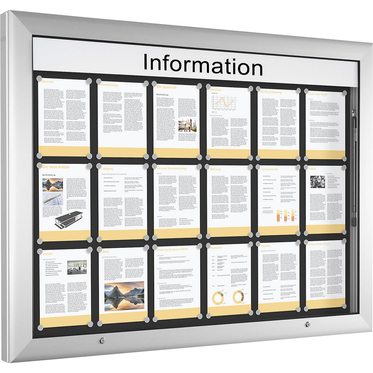 Display case for indoor and outdoor use, landscape format, for A0, door opens upwards 90°, rear panel colour charcoal.