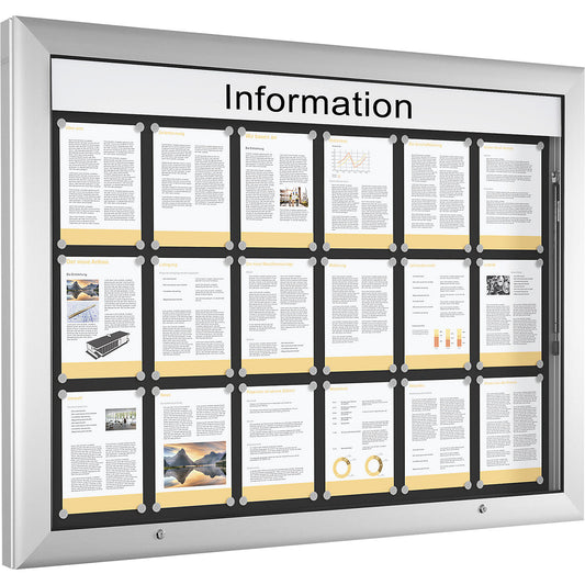 Display case for indoor and outdoor use, landscape format, for A0, door opens upwards 90°, rear panel colour charcoal.