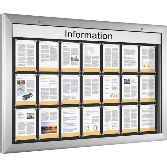 Display case for indoor and outdoor use, landscape format, over sized, WxH 1600 x 1025 mm, door opens downwards 180°.
