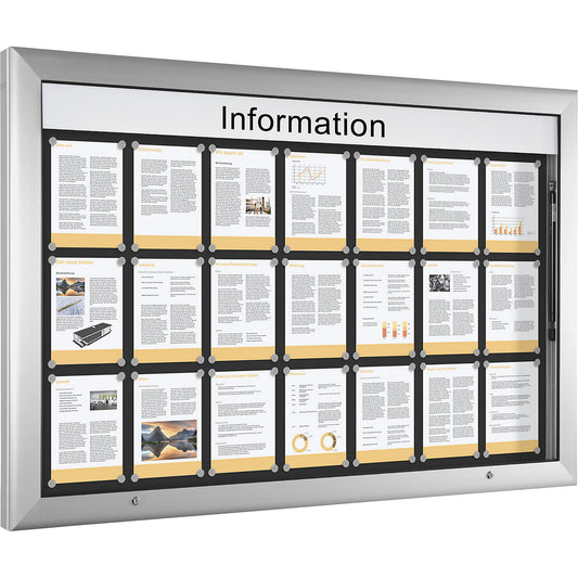 Display case for indoor and outdoor use, landscape format, over sized, WxH 1600 x 1025 mm, door opens upwards 90°, rear panel colour charcoal.