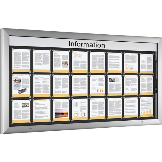 Display case for indoor and outdoor use, landscape format, over sized, WxH 2000 x 1025 mm, door opens upwards 90°, rear panel colour charcoal.