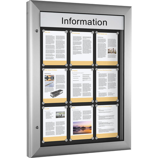 Display case for indoor and outdoor use, portrait format, for A1, door opens 180° to the right.