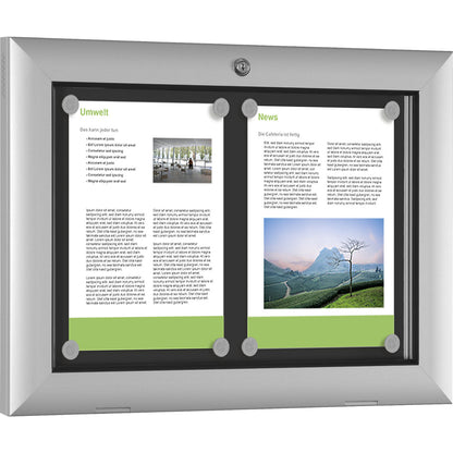 Display case for indoor and outdoor use, door opens downwards 180°, for A3, rear panel charcoal RAL 7016.