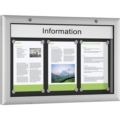 Display case for indoor and outdoor use, door opens downwards 180°, for A2, rear panel charcoal RAL 7016.