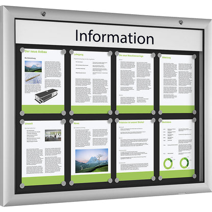 Display case for indoor and outdoor use, door opens downwards 180°, for A1, rear panel charcoal RAL 7016.