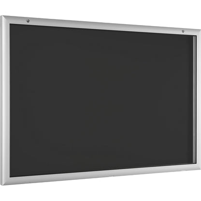 Display case for indoor and outdoor use, door opens downwards 180°, over sized, WxH 1600 x 1025 mm, rear panel charcoal RAL 7016.