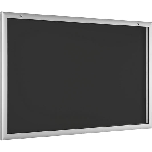 Display case for indoor and outdoor use, door opens downwards 180°, over sized, WxH 1600 x 1025 mm, rear panel charcoal RAL 7016.