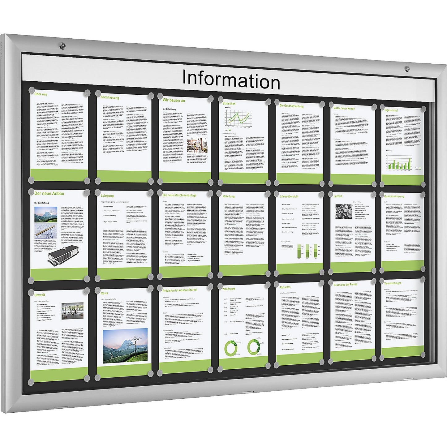 Display case for indoor and outdoor use, door opens downwards 180°, over sized, WxH 1600 x 1025 mm, rear panel charcoal RAL 7016.