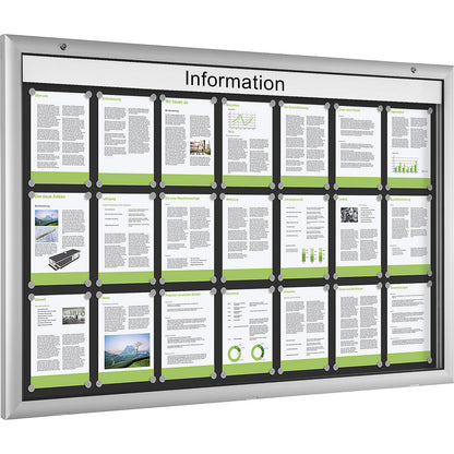 Display case for indoor and outdoor use, door opens downwards 180°, over sized, WxH 1600 x 1025 mm, rear panel charcoal RAL 7016.