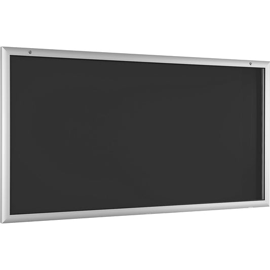 Display case for indoor and outdoor use, door opens downwards 180°, over sized, WxH 2000 x 1025 mm, rear panel charcoal RAL 7016.