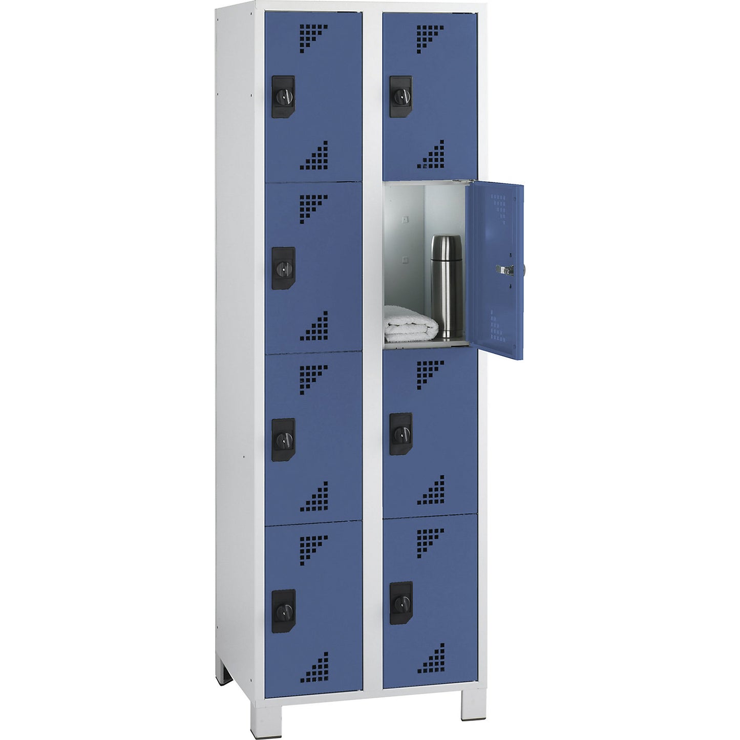 Bremen 4-fold compartment locker, 2 compartments, light grey / brilliant blue, width 600 mm, 8 compartments.