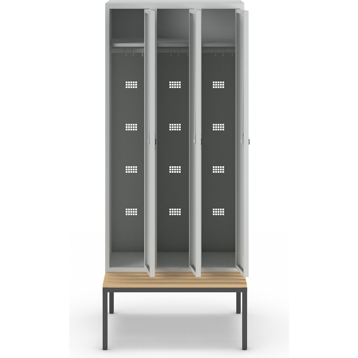 Bremen bench seat clothes locker, 3 compartments, doors light grey, width 900 mm.