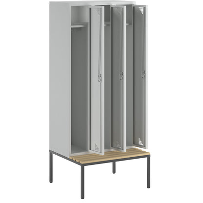 Bremen bench seat clothes locker, 3 compartments, doors light grey, width 900 mm.