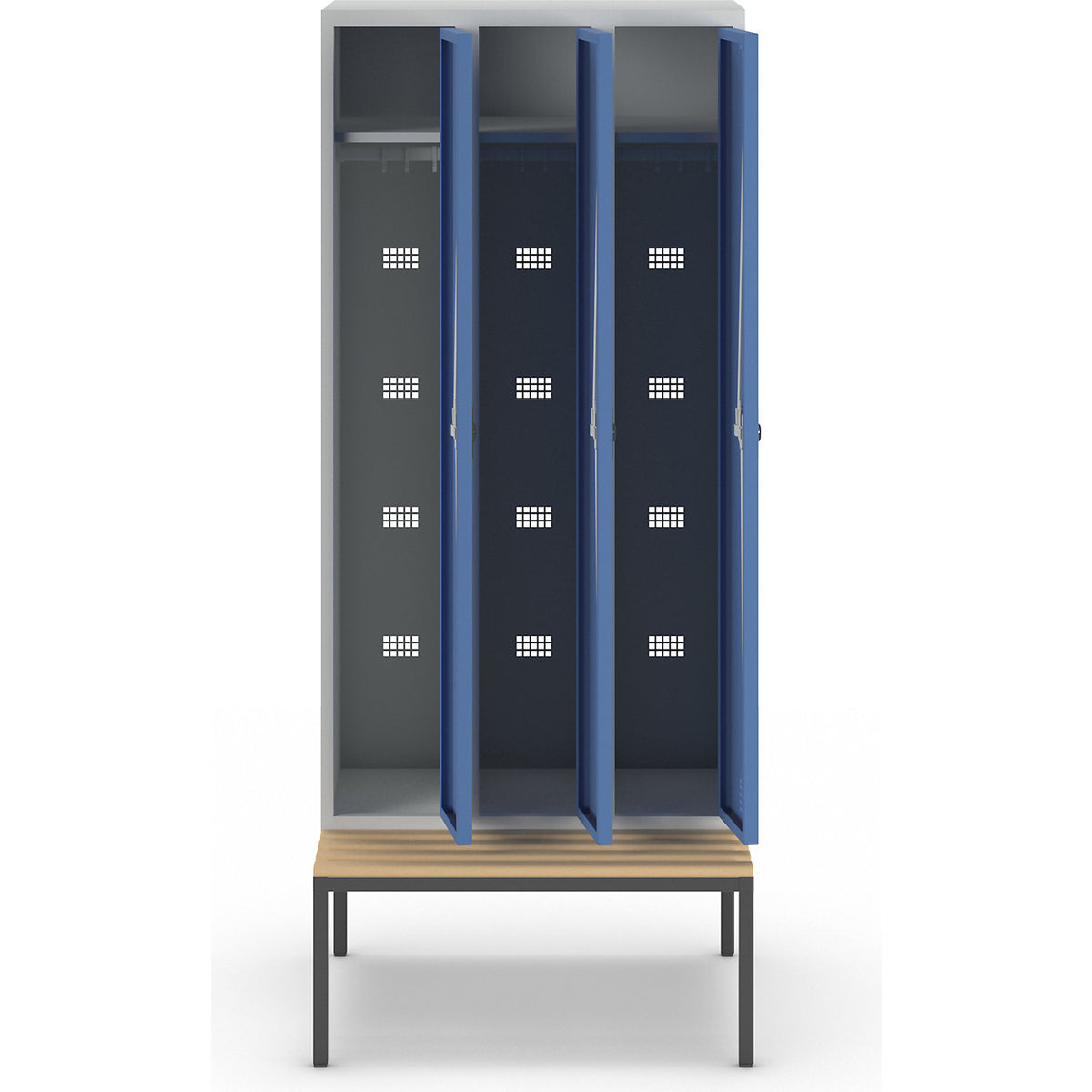 Bremen bench seat clothes locker, 3 compartments, doors brilliant blue, width 900 mm.