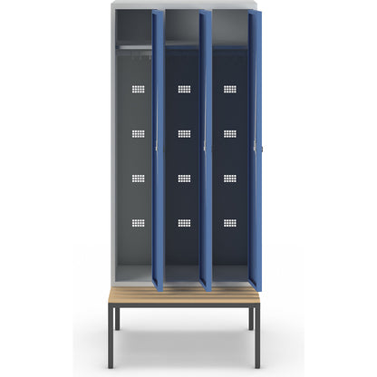 Bremen bench seat clothes locker, 3 compartments, doors brilliant blue, width 900 mm.