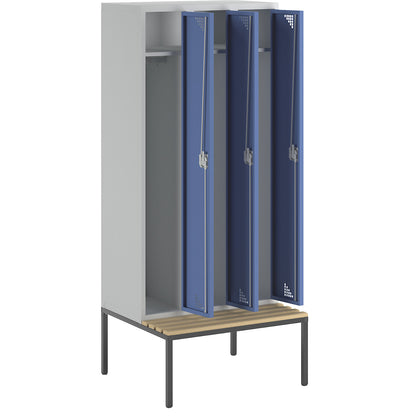 Bremen bench seat clothes locker, 3 compartments, doors brilliant blue, width 900 mm.