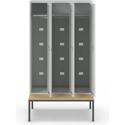 Bremen bench seat clothes locker, 3 compartments, doors light grey, width 1200 mm.