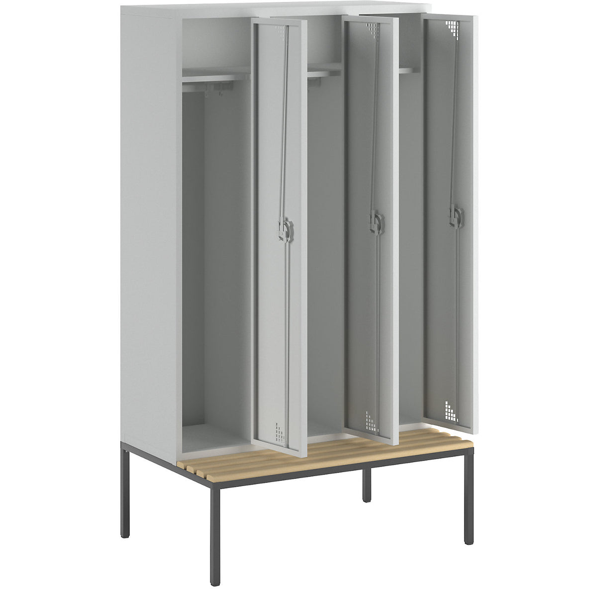Bremen bench seat clothes locker, 3 compartments, doors light grey, width 1200 mm.