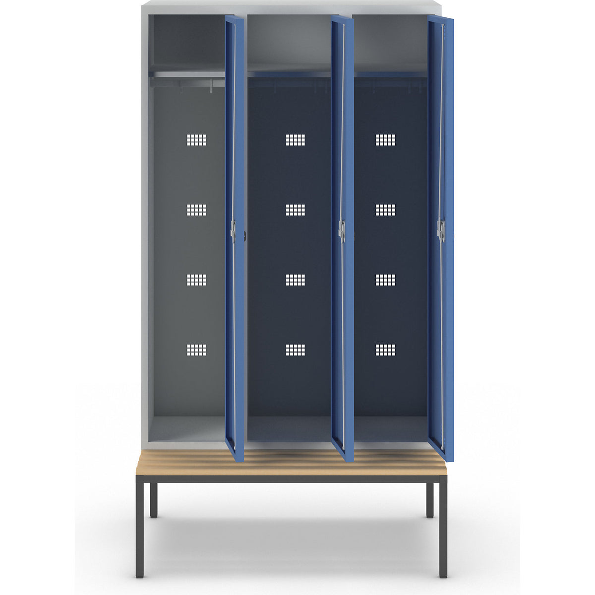 Bremen bench seat clothes locker, 3 compartments, doors brilliant blue, width 1200 mm.