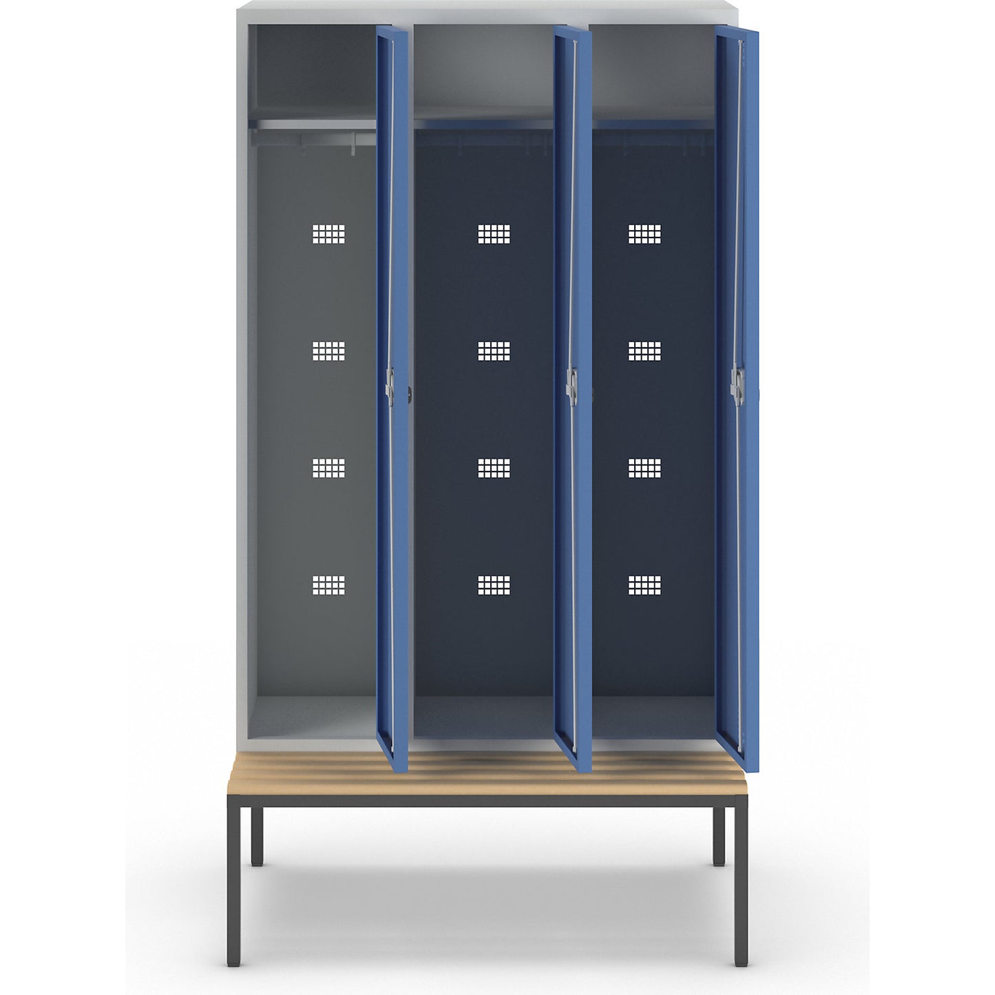 Bremen bench seat clothes locker, 3 compartments, doors brilliant blue, width 1200 mm.
