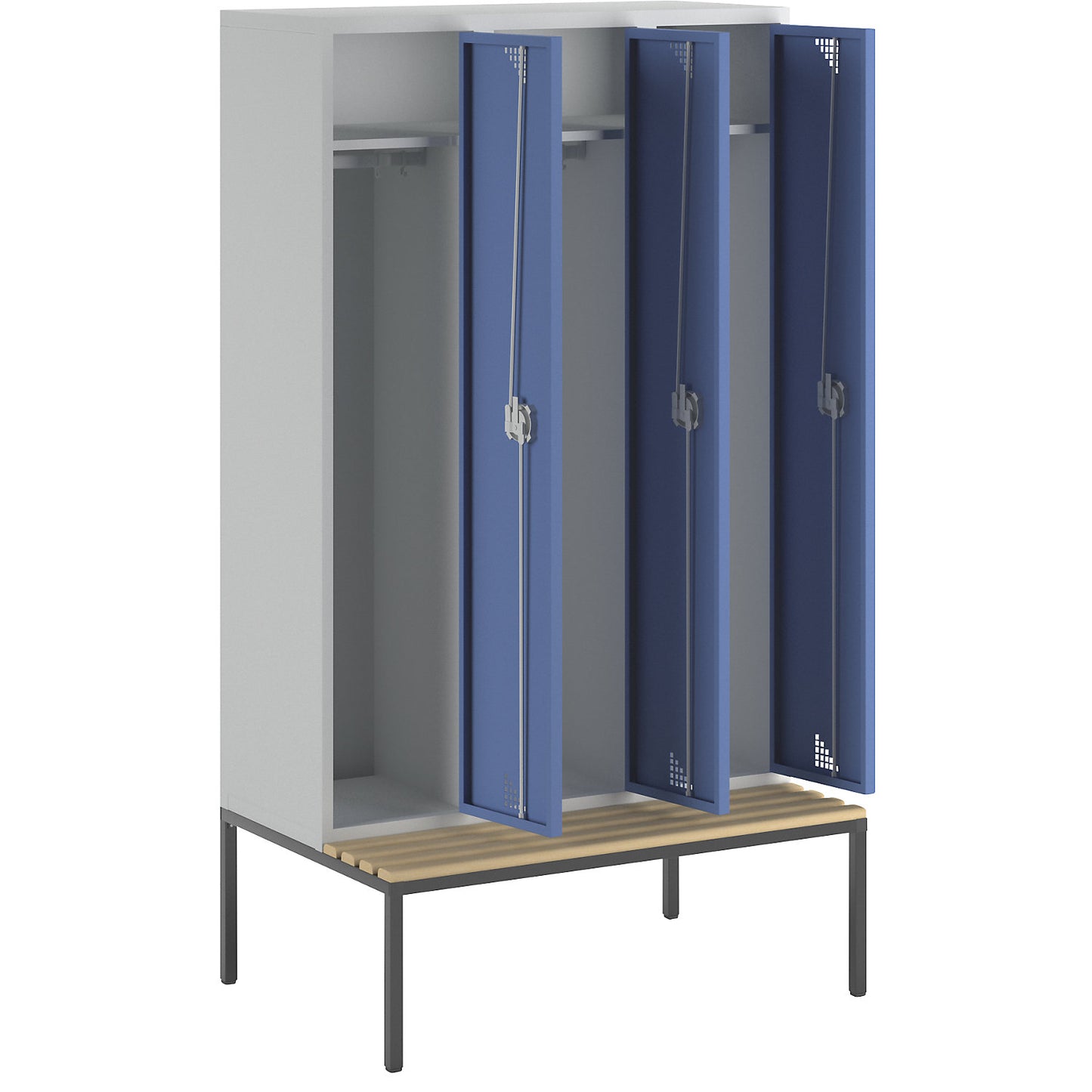 Bremen bench seat clothes locker, 3 compartments, doors brilliant blue, width 1200 mm.
