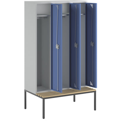 Bremen bench seat clothes locker, 3 compartments, doors brilliant blue, width 1200 mm.