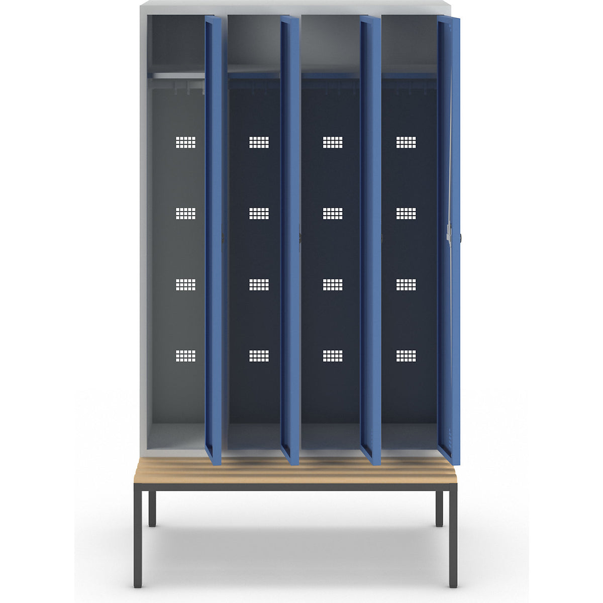 Bremen bench seat clothes locker, 4 compartments, doors brilliant blue, width 1200 mm.