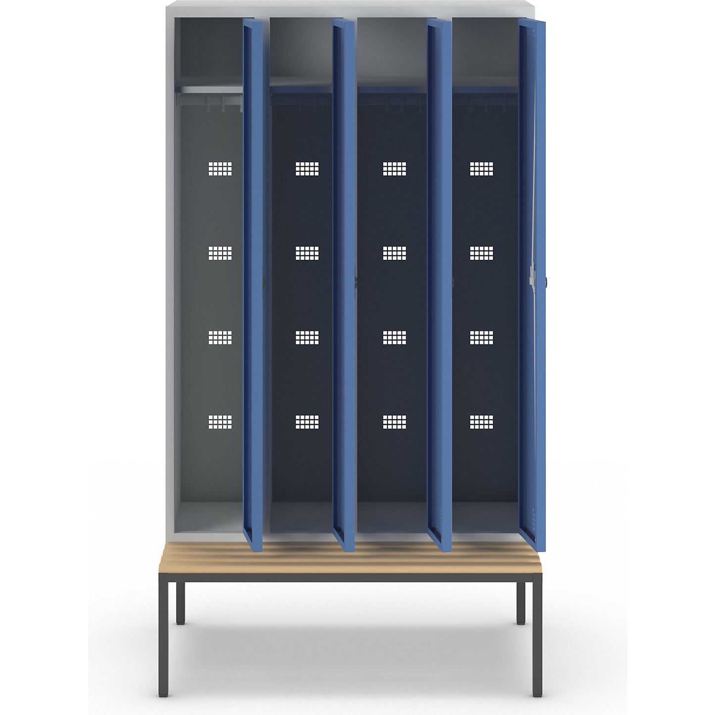 Bremen bench seat clothes locker, 4 compartments, doors brilliant blue, width 1200 mm.