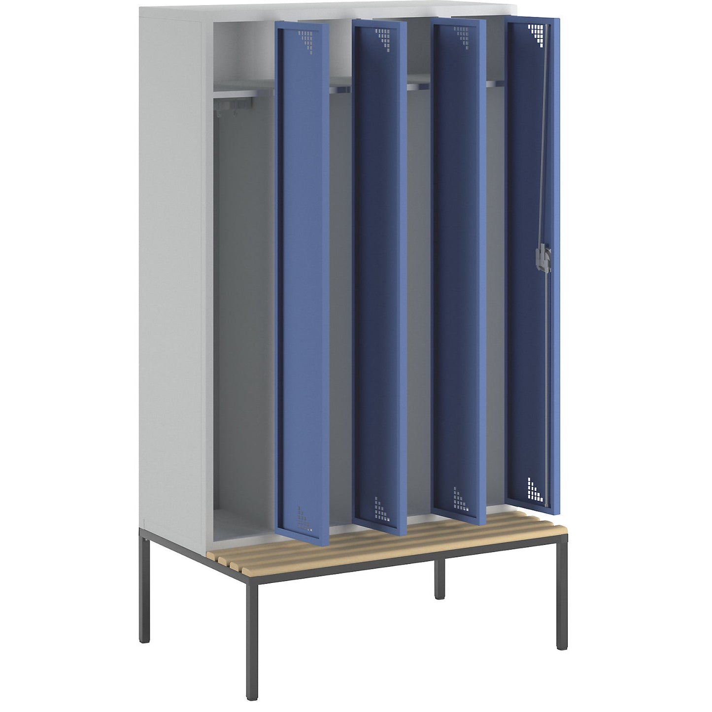 Bremen bench seat clothes locker, 4 compartments, doors brilliant blue, width 1200 mm.