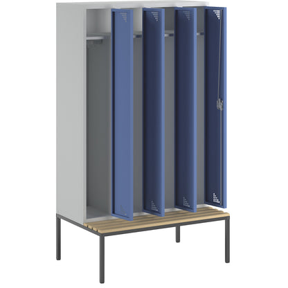 Bremen bench seat clothes locker, 4 compartments, doors brilliant blue, width 1200 mm.