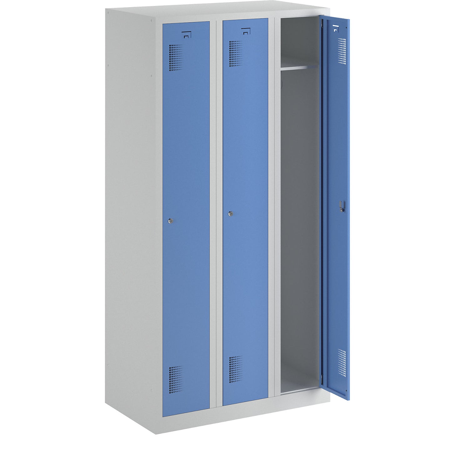 Amsterdam locker, 3 compartments, light grey / light blue, width 900 mm, cylinder lock.
