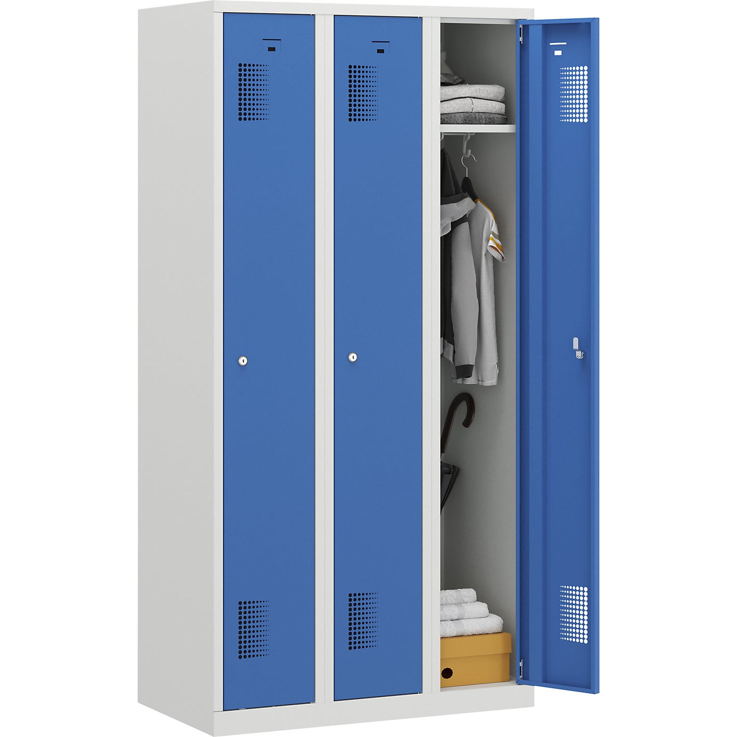 Amsterdam locker, 3 compartments, light grey / light blue, width 900 mm, cylinder lock.