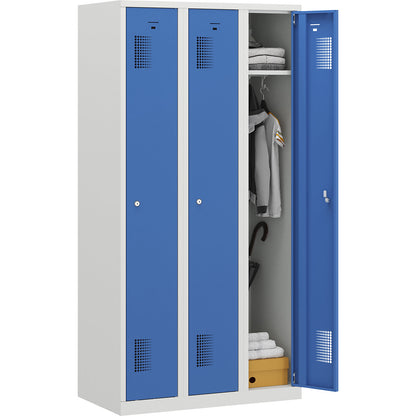 Amsterdam locker, 3 compartments, light grey / light blue, width 900 mm, cylinder lock.