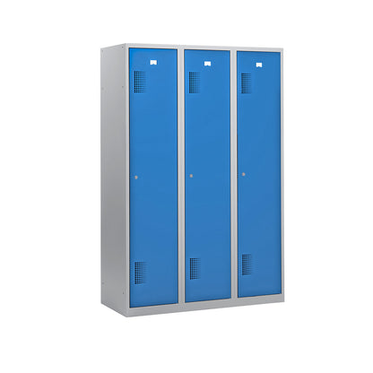 Amsterdam locker, 3 compartments, light grey / light blue, width 1200 mm, cylinder lock.