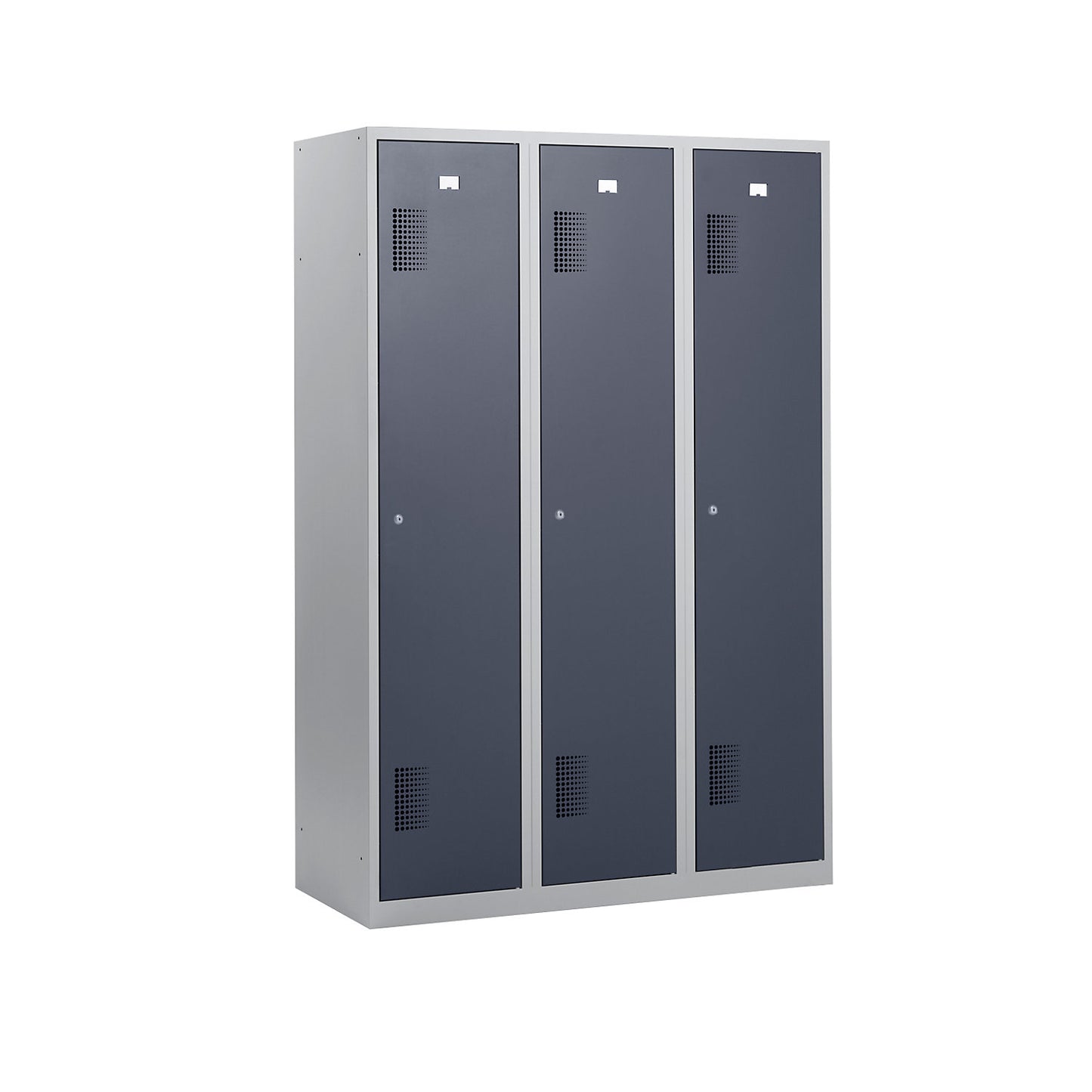 Amsterdam locker, 3 compartments, light grey / basalt grey, width 1200 mm, cylinder lock.