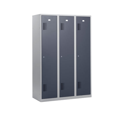 Amsterdam locker, 3 compartments, light grey / basalt grey, width 1200 mm, cylinder lock.