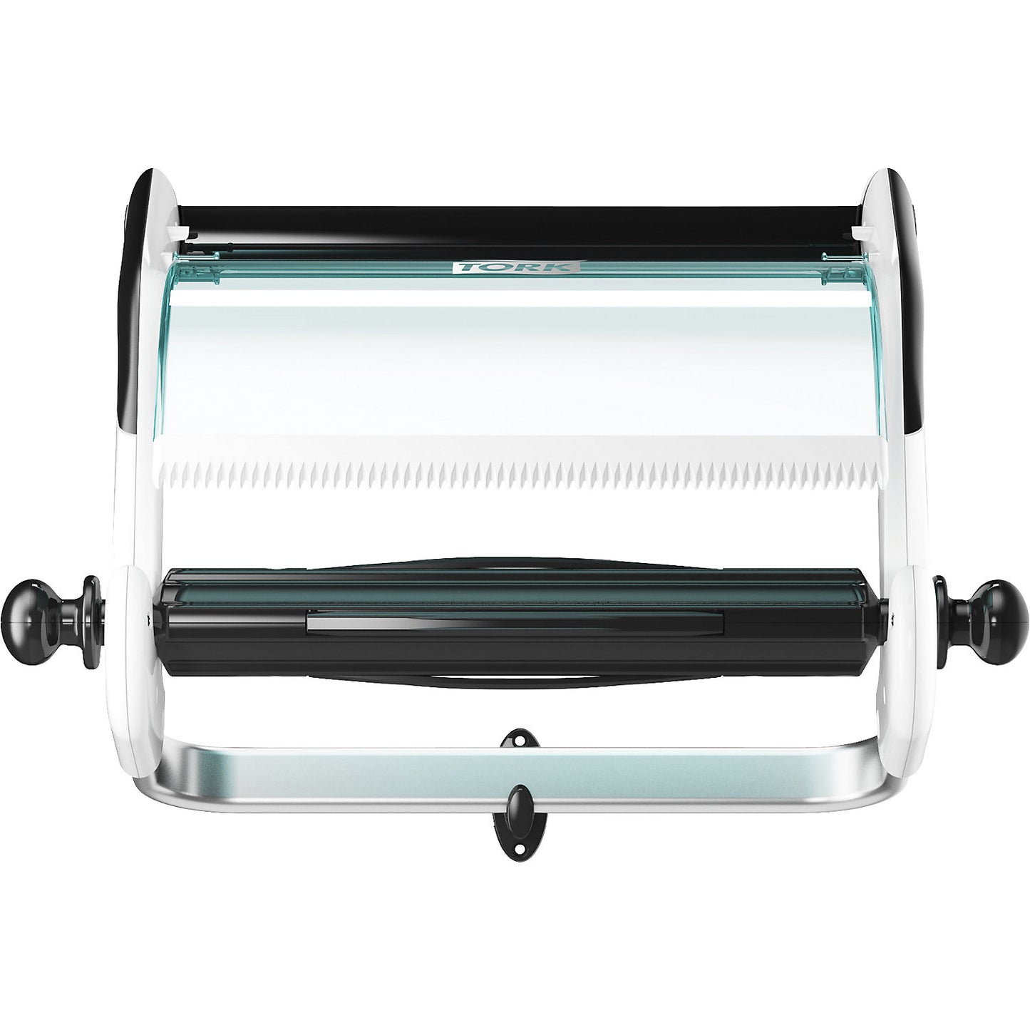 Industrial cleaning paper dispenser, wall bracket with tear-off rail, turquoise / white.