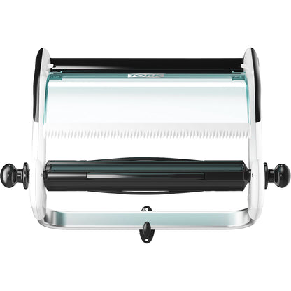 Industrial cleaning paper dispenser, wall bracket with tear-off rail, turquoise / white.