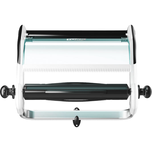 Industrial cleaning paper dispenser, wall bracket with tear-off rail, turquoise / white.