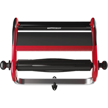 Industrial cleaning paper dispenser, wall bracket with tear-off rail, black / red.