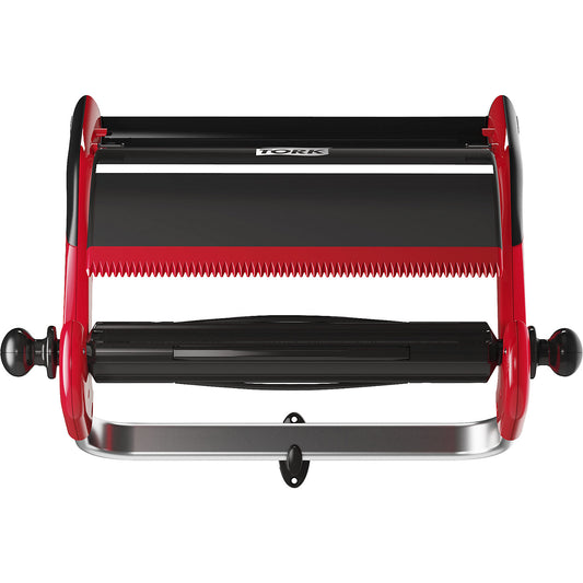 Industrial cleaning paper dispenser, wall bracket with tear-off rail, black / red.