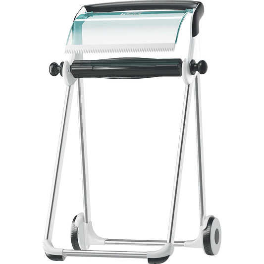 Industrial cleaning paper dispenser, floor stand with tear-off rail, turquoise / white.