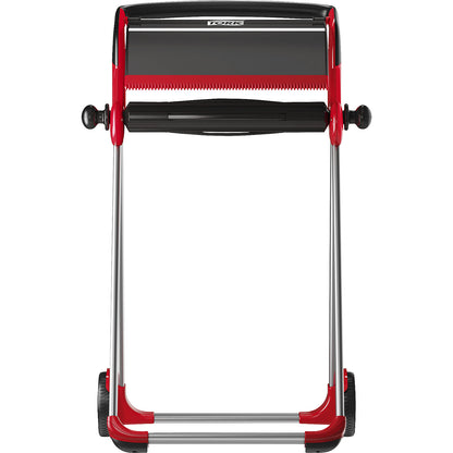 Industrial cleaning paper dispenser, floor stand with tear-off rail, black / red.