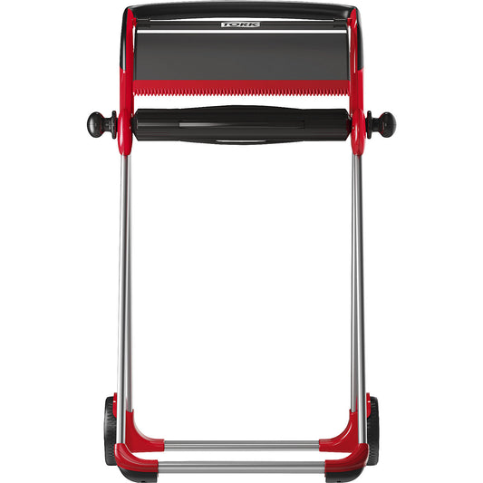 Industrial cleaning paper dispenser, floor stand with tear-off rail, black / red.