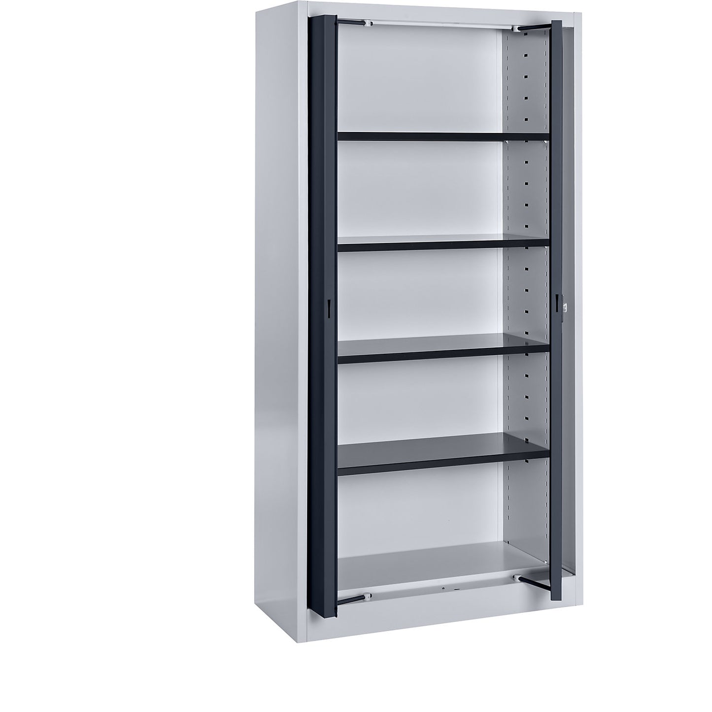 Steel cupboard with flush doors, 4 shelves, 420 mm deep, white aluminium / charcoal.