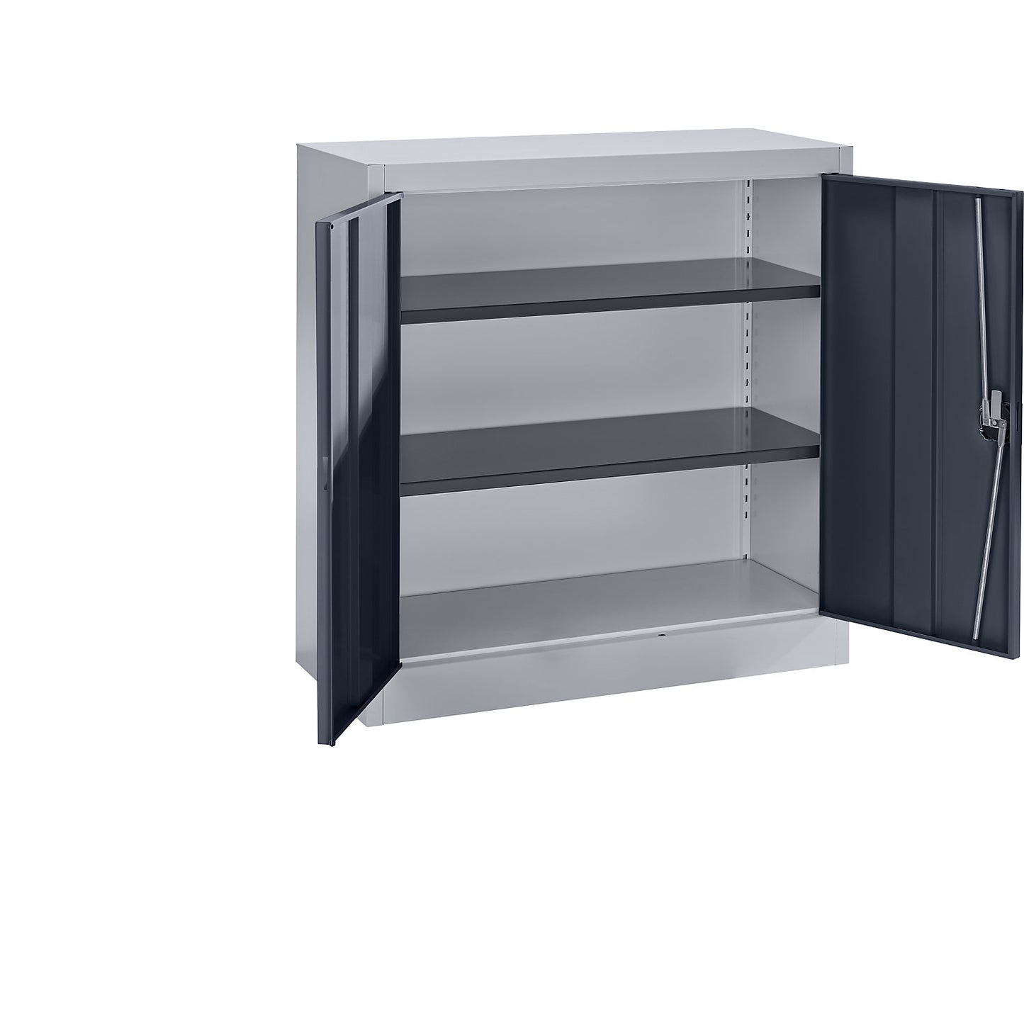 Steel cupboard with hinged doors, 2 shelves, height 1016 mm, white aluminium / charcoal.