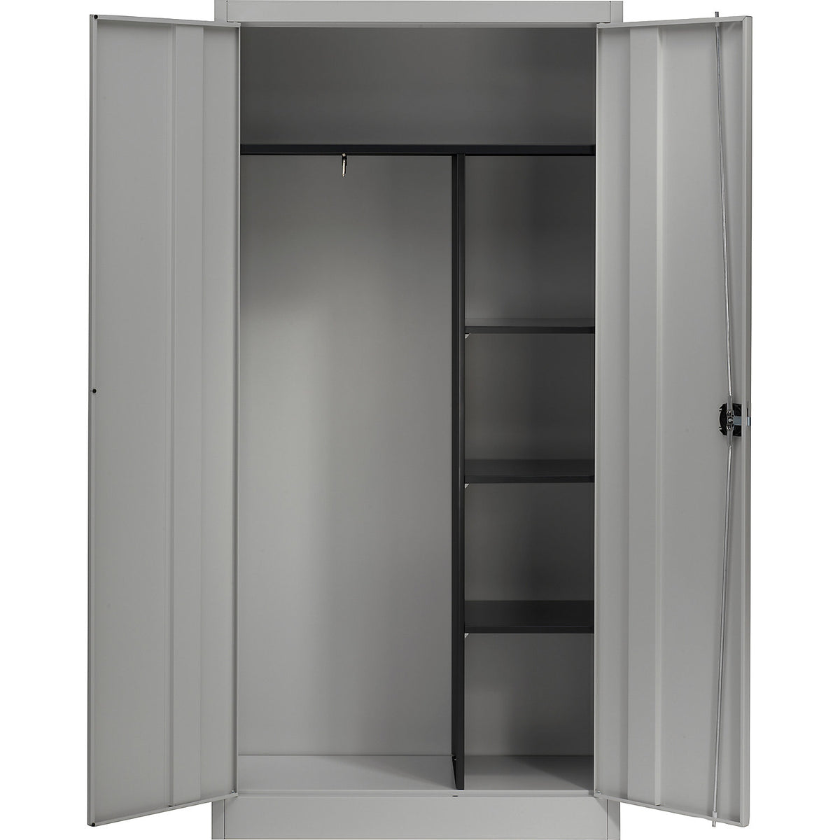 Steel cabinet with double doors, 3 short shelves and wardrobe, white aluminium.