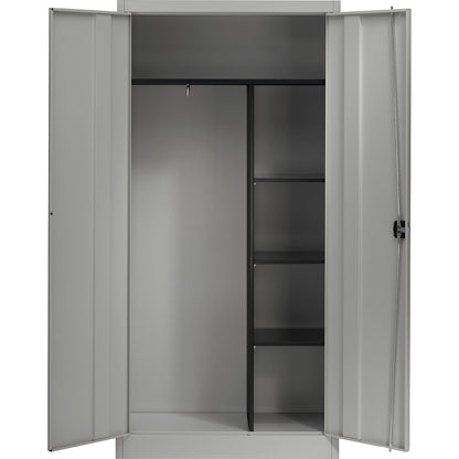Steel cabinet with double doors, 3 short shelves and wardrobe, white aluminium.