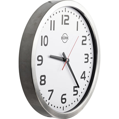 Wall clock, Ø 400 mm, brushed stainless steel housing, quartz clock.
